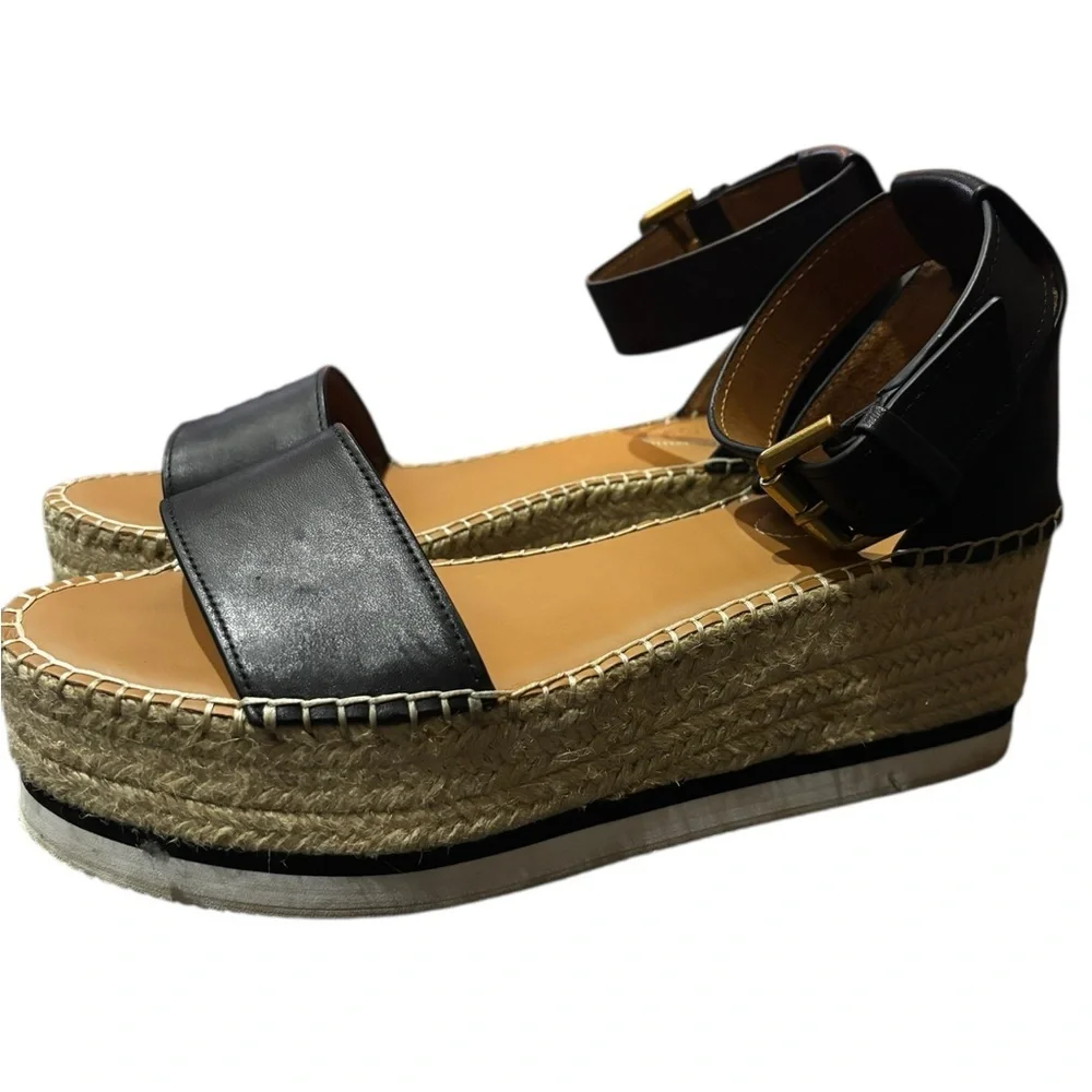 See by Chloe Glyn Espadrilles Wedge Black Leather Ankle Strap Sandals Sz 40